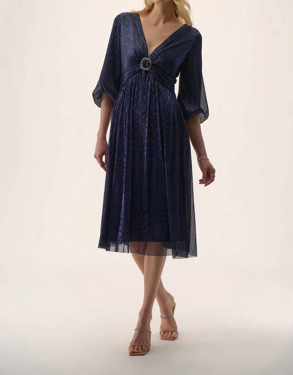 NEW JOSEPH RIBKOFF sparkle mesh 3/4 puff sleeve fit and flare dress in navy